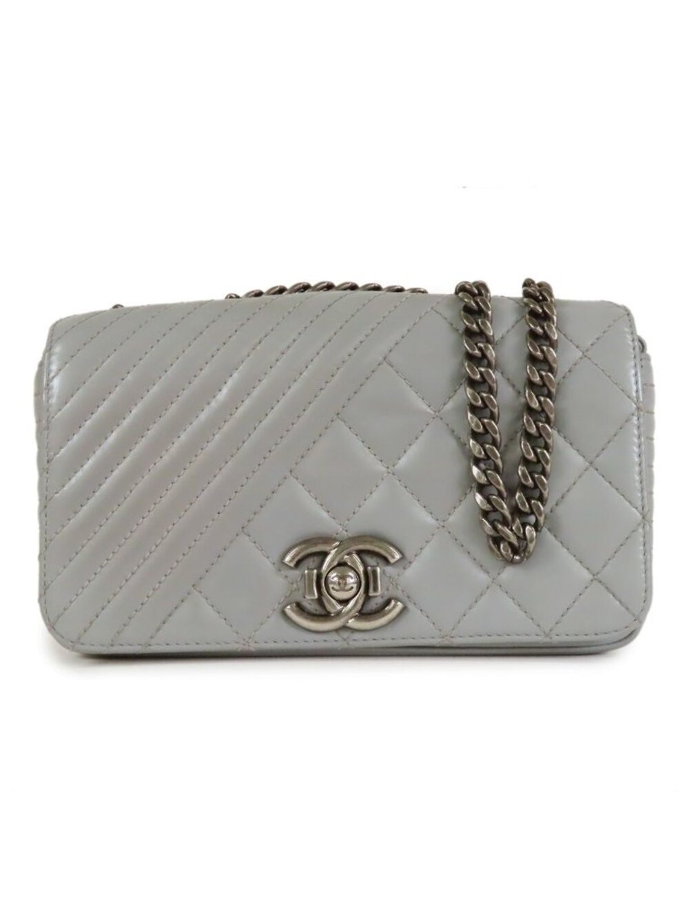 Chanel Coco Boy Flap Gray Silver Leather Chain Shoulder Bag